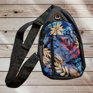 Black and Multicolor Leaf Print Men's Bag